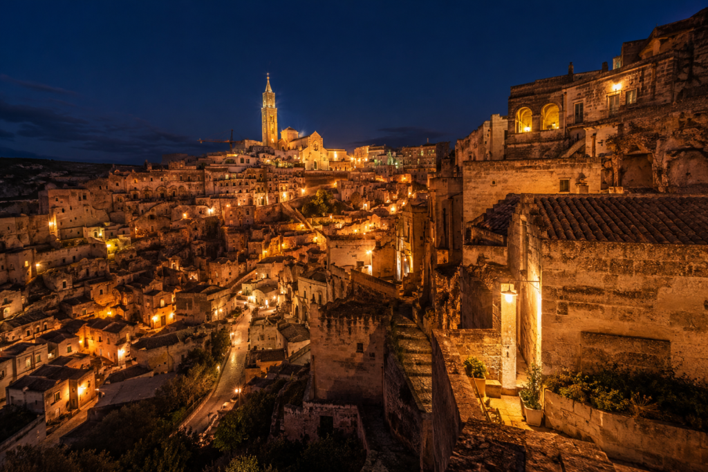 Sassi di Matera illuminati di sera
